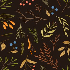 Autumn season botany flat vector seamless pattern. Dried leaves and branches texture. Blueberries twigs on black background. Fall season herbarium texture. Forest berries textile, wallpaper design.