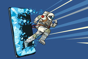 Scientific online applications concept. Astronaut runs through a smartphone