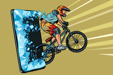 sports online news concept. athlete cyclist in a helmet on a mountain bike