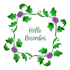 Various bright purple flower frame and green leaves, for decoration of card hello december. Vector