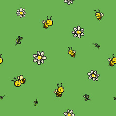 Cute seamless pattern spring with little bees and blossom. Vector illustration spring pattern.