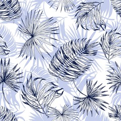 Seamless pattern with light blue tropical leaves. Hand drawn vector illustration.