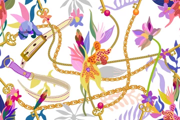 Papier peint Élément floral et bijoux Modèle vectorielle continue avec des plantes tropicales.