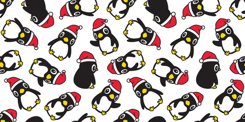 Naklejka na ściany i meble penguin seamless pattern Christmas vector Santa Claus hat scarf isolated repeat wallpaper tile background cartoon character doodle illustration design