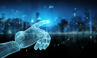 Wireframed blue robot hand touching digital connection on dark background 3D rendering