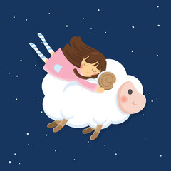 Fototapeta premium Cute character vector illustration. Girl with sheep on dark sky background.
