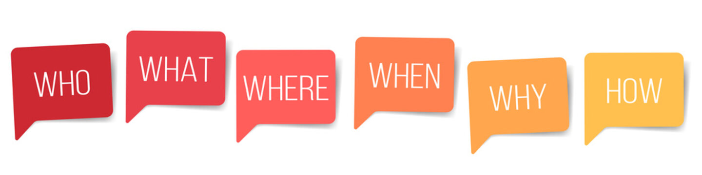 WHO WHAT WHERE WHEN WHY HOW 5W1H questions speech bubbles isolated on white background. vector design elements.