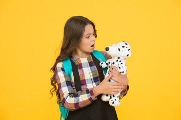 Playing and learning. Small child role playing with soft dog toy. Little teacher at playing school. Child development. Preschool and socialization. Playschool. Early childhood education