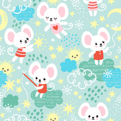 Vector seamless illustration with mice and stars.