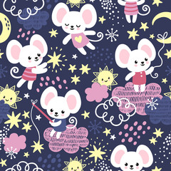 Vector seamless pattern with a cute little mouse, clouds, stars.