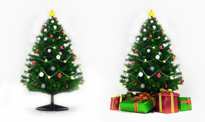 Obraz na płótnie Canvas Decorated xmas trees isolated on white, front view, christmas holiday 3D illustration background