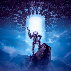 Daughter of the new dawn / 3D illustration of science fiction scene showing female military astronaut on mountain top with giant alien space ship © grandeduc