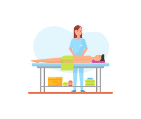 Massage therapy abdominal belly care done by specialist masseuse, isolated icon. Man relaxing on table, woman rubbing client with oils lotions vector