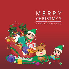 Christmas greeting card. Merry christmas with santa claus and elfs with christmas decoration.