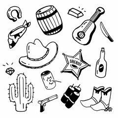 Hand drawing styles with cowboy items. Cowboy doodle.