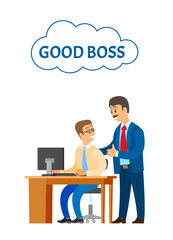 Good boss company leader supervising new office worker vector. Director satisfied with novice working on personal computer. Encouragement of employee