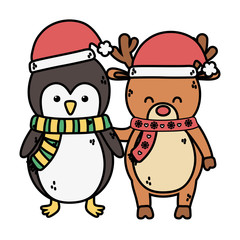 reindeer and penguin with hats decoration merry christmas