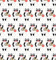 Seamless Christmas pattern in vector. New year background. Cute kawaii pandas with Christmas ball on white background among snowflakes. artoon characters in gold, red, black. Chinese new year.