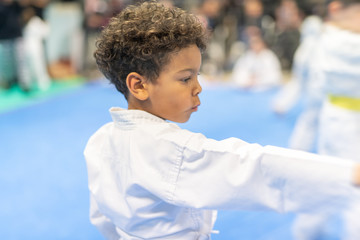 Successful african boy in karate position wearing kimono © jovannig