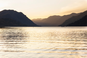 Morning landscape: mountain lake at sunrise