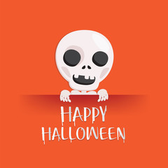 Vector illustration. Halloween poster with cute character on brick and scary door background. Trick or treat template. 