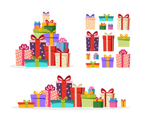 Set of colorful wrapped gift boxes with ribbons and bows. Big pile of holiday gifts. Flat cartoon style vector illustration isolated on white background.