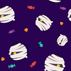 Vector illustration. Halloween poster with cute character on brick and scary door background. Trick or treat template. 