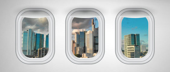 Airplane interior with window view of Frankfurt, Germany. Concept of travel and air transportation