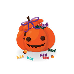 Vector illustration. Halloween poster with cute character on brick and scary door background. Trick or treat template. 