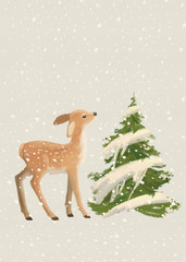 Christmas card with deer and Christmas tree