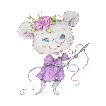 Watercolor Cute cartoon mouse with a needle and thread for sewing. Vector illustration