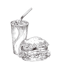 Soft drink in plastic cup with straw hamburger monochrome sketches outline. Set of fast food take away meals, burger cool beverage vector illustration