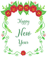 Celebration of card happy new year, with drawing of cute red rose flower frame. Vector