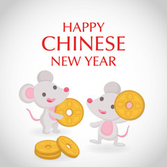 Two little rats with golden coin on white background. Happy chinese new year greeting card.