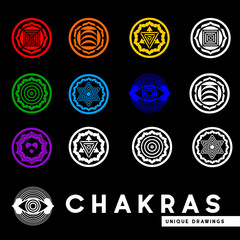 Chakras. Unique drawing. collection of Chakras set. I drew them by hand. All symbols are in vector.