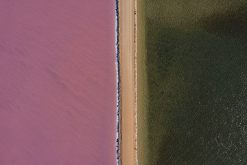Aerial view of Lake MacDonnell, a naturally occuring pink salt lake located near Penong in South Australia