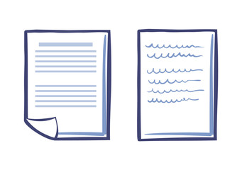 Office paper icons isolated vector. Documents list with font signs, written scribble text on sheet. File with note, template of letters with information