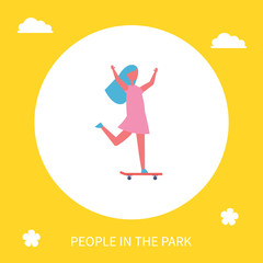 Fototapeta na wymiar Girl riding on skateboard in park vector icon isolated cartoon character. Single lady with long hair in dress and sneakers skateboarding with hands up