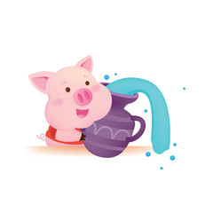 Cute pig pouring water from jar. Character design.
