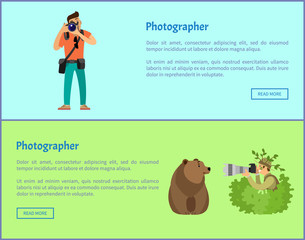 Fototapeta premium Photographer services Internet promo banners. Guy with photo camera, man taking photo of grizzly bear from bush in camouflage vector illustrations.