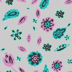 Floral stylized seamless pattern with vintage flair in pink and turquoise on grey background