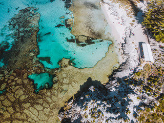 Rottnest Island, Perth, Western Australia. Beautiful clear blue waters with unique landscape, shot aerially with a drone. The island is perfect for swimming, snorkelling and exploring. 