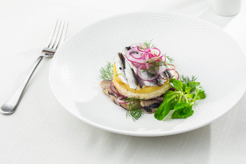 Appetizer food, salted herring, butter and red onion on white plate. Selective focus. Horizontal view from above, top shot. White background.