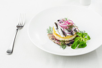 Appetizer food, salted herring, butter and red onion on white plate. Selective focus. Horizontal view from above, top shot. White background.