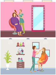 Hair styling process and visage makeup set vector. Care of face and head, cosmetics and lotions on shelf of beautician. Transformation of women look