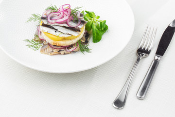 Appetizer food, salted herring, butter and red onion on white plate. Selective focus. Horizontal view from above, top shot. White background.
