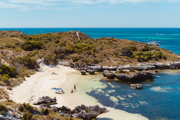 Rottnest Island, Perth, Western Australia. Beautiful clear blue waters with unique landscape, shot aerially with a drone. The island is perfect for swimming, snorkelling and exploring. 