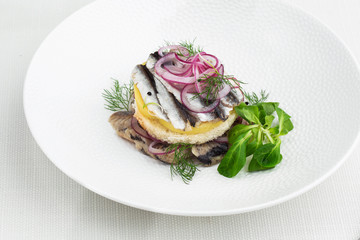 Appetizer food, salted herring, butter and red onion on white plate. Selective focus. Horizontal view from above, top shot. White background.