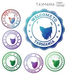 Tasmania badge. Colorful polygonal island symbol. Multicolored geometric Tasmania logos set. Vector illustration.