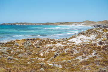 Rottnest Island, Perth, Western Australia. Beautiful clear blue waters with unique landscape, shot aerially with a drone. The island is perfect for swimming, snorkelling and exploring. 
